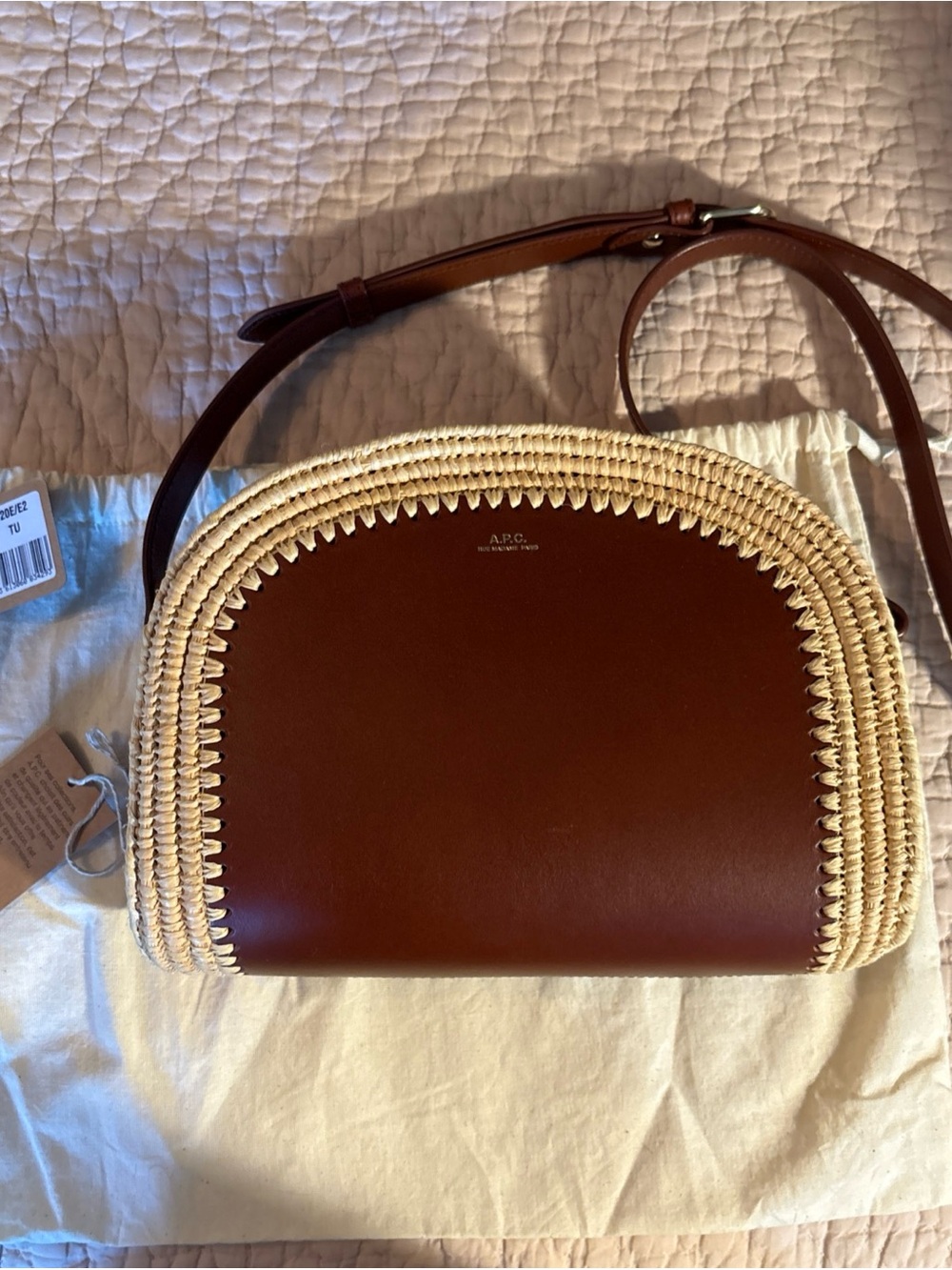 A.P.C. Brown Leather and Natural Raffia Trim Crossbody